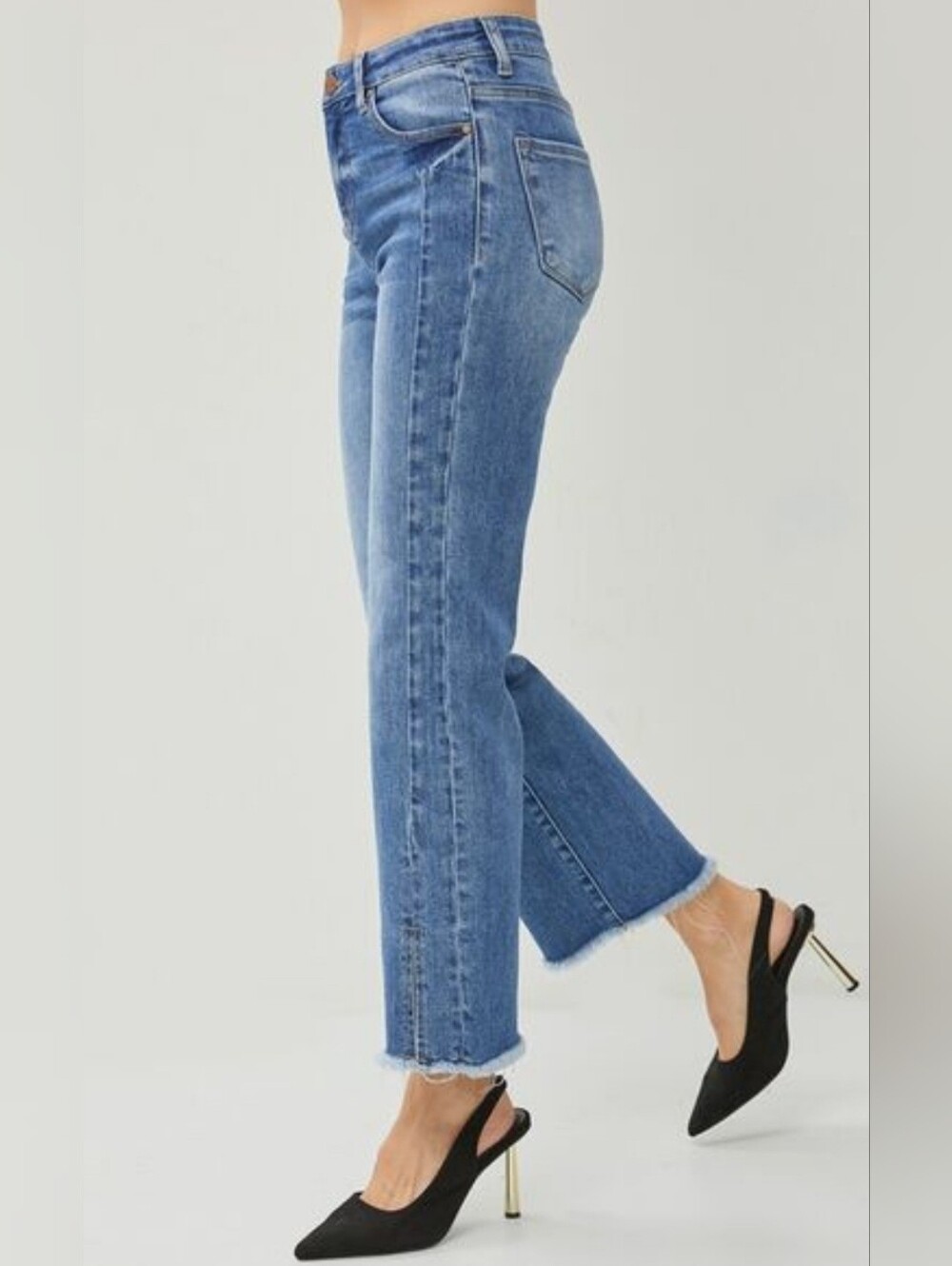 Risen Classic Medium Blue Straight-Leg Jeans W/ Raw Hem & Slits- VERY FLATTERING